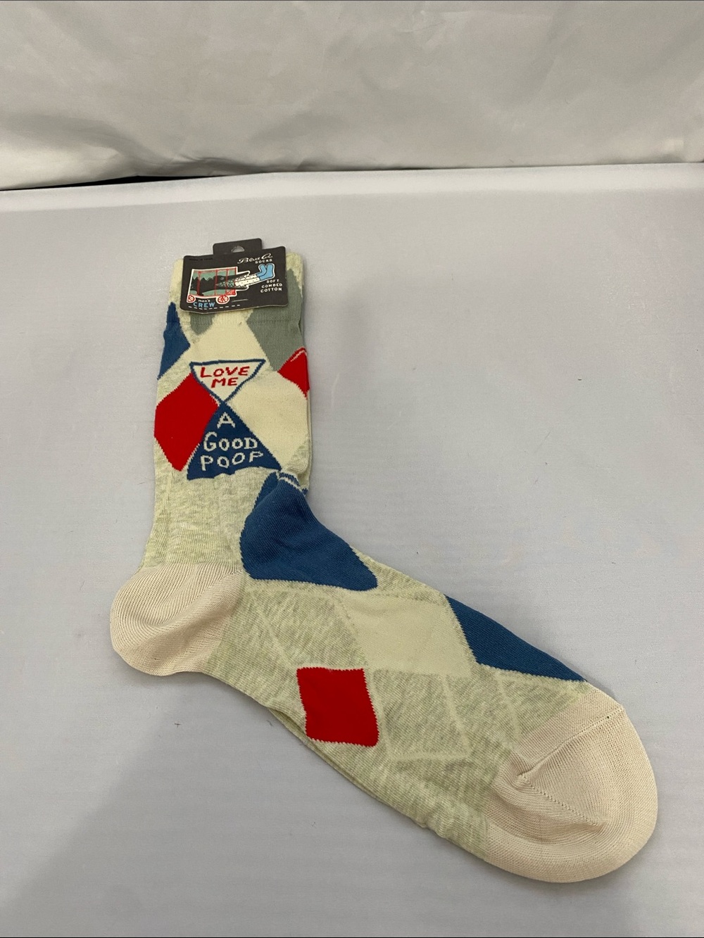 Blue Q Argyle-Style Crew Socks in Red, Blue & Cream